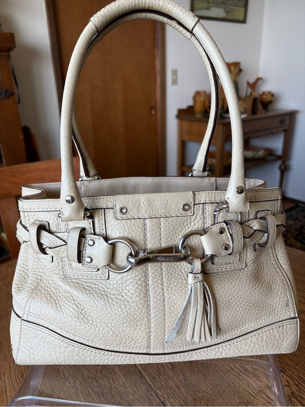 Coach Hampton Cream Pebbled Leather Satchel with Tassel and Chain Accent F-13084